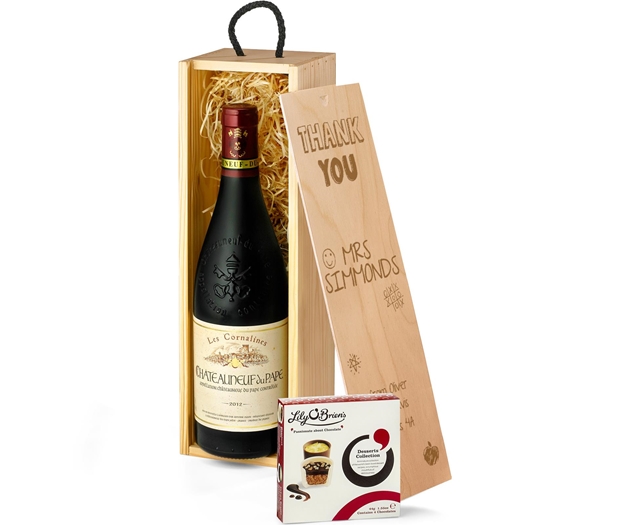 Gifts For Teachers Châteauneuf-du-Pape Red Wine & Chocolates Gift Box With Engraved Personalised Lid